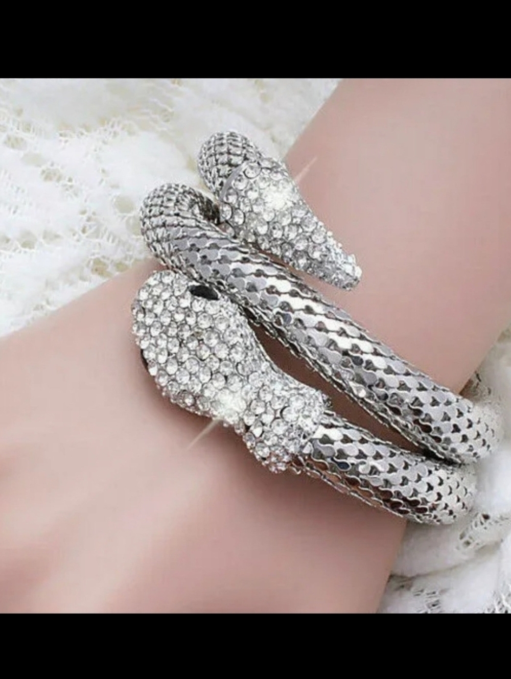Silver plated white crystal snake bracelet
